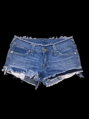 Y2K true religion Joey low rise denim mini shorts distressed raw hem grunge
